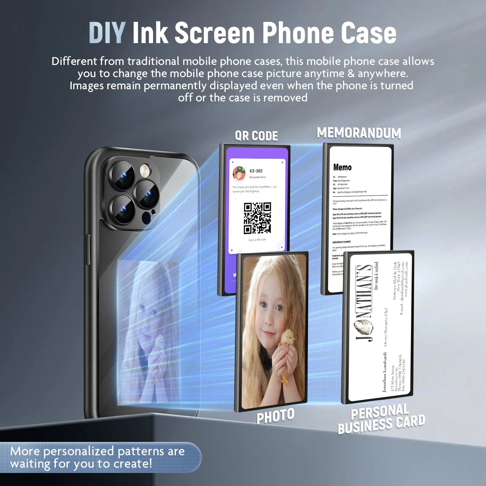 Black iPhone 15 Pro flip case with NFC ink screen for custom DIY designs