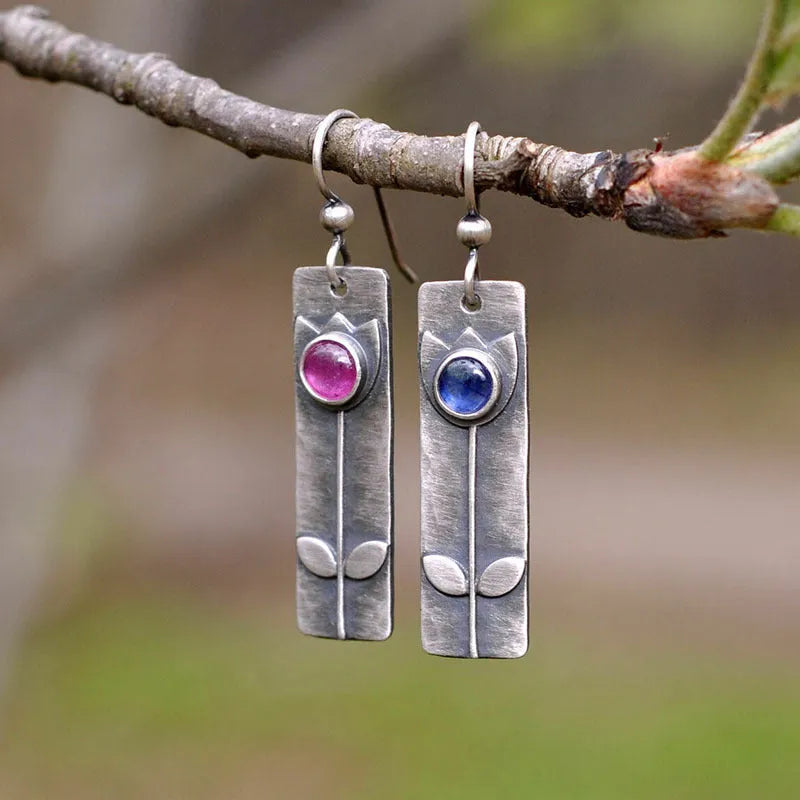 Antique finish red sapphire geometric ellipse earrings with electroplated metal retro style