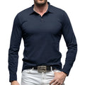 Men's dark grey cotton polo collar long sleeve t-shirt laid flat, showing American retro style.