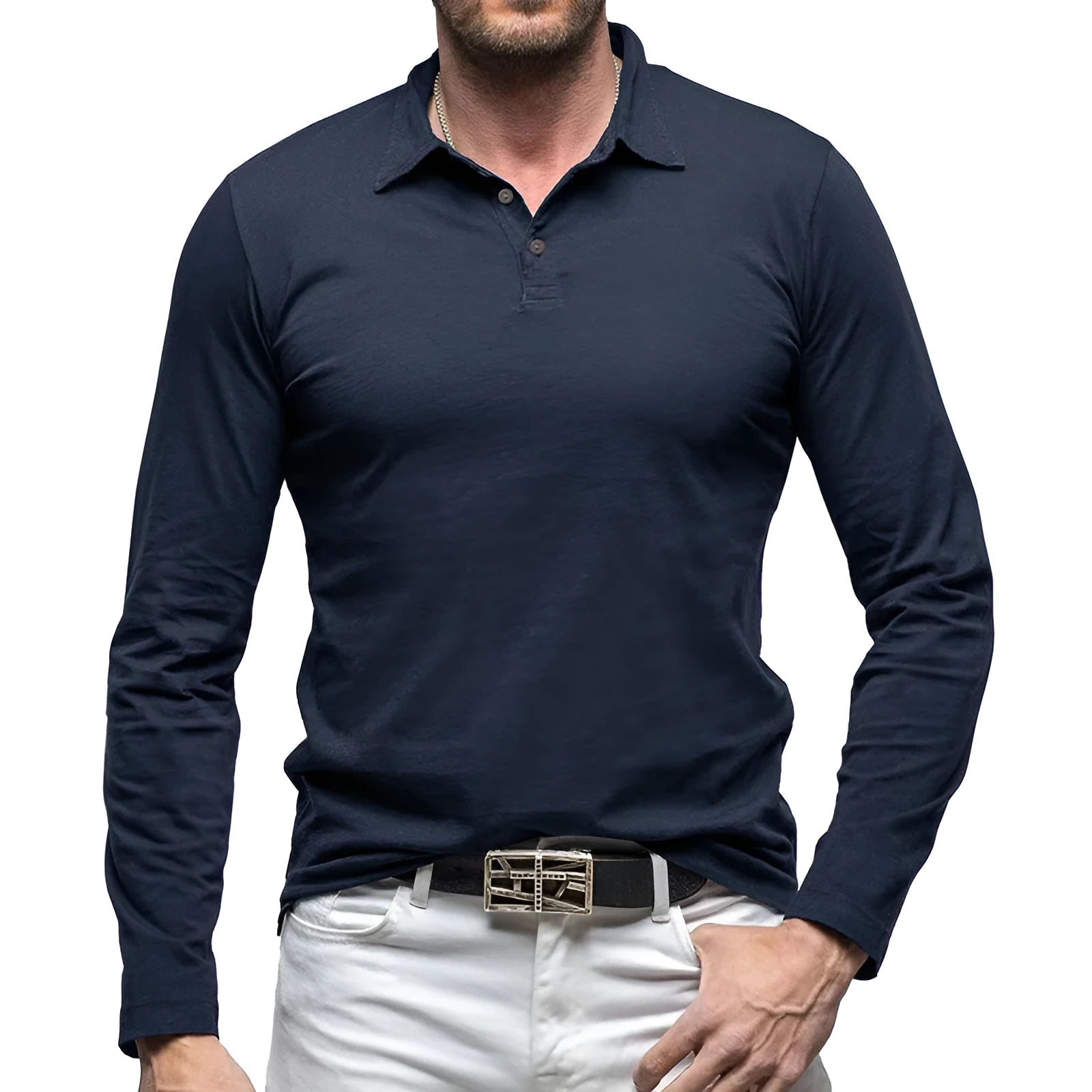 Men's dark grey cotton polo collar long sleeve t-shirt laid flat, showing American retro style.
