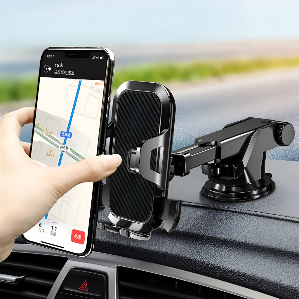 Carbon fibre car phone holder with telescopic arm and 360-degree rotation mounted on dashboard