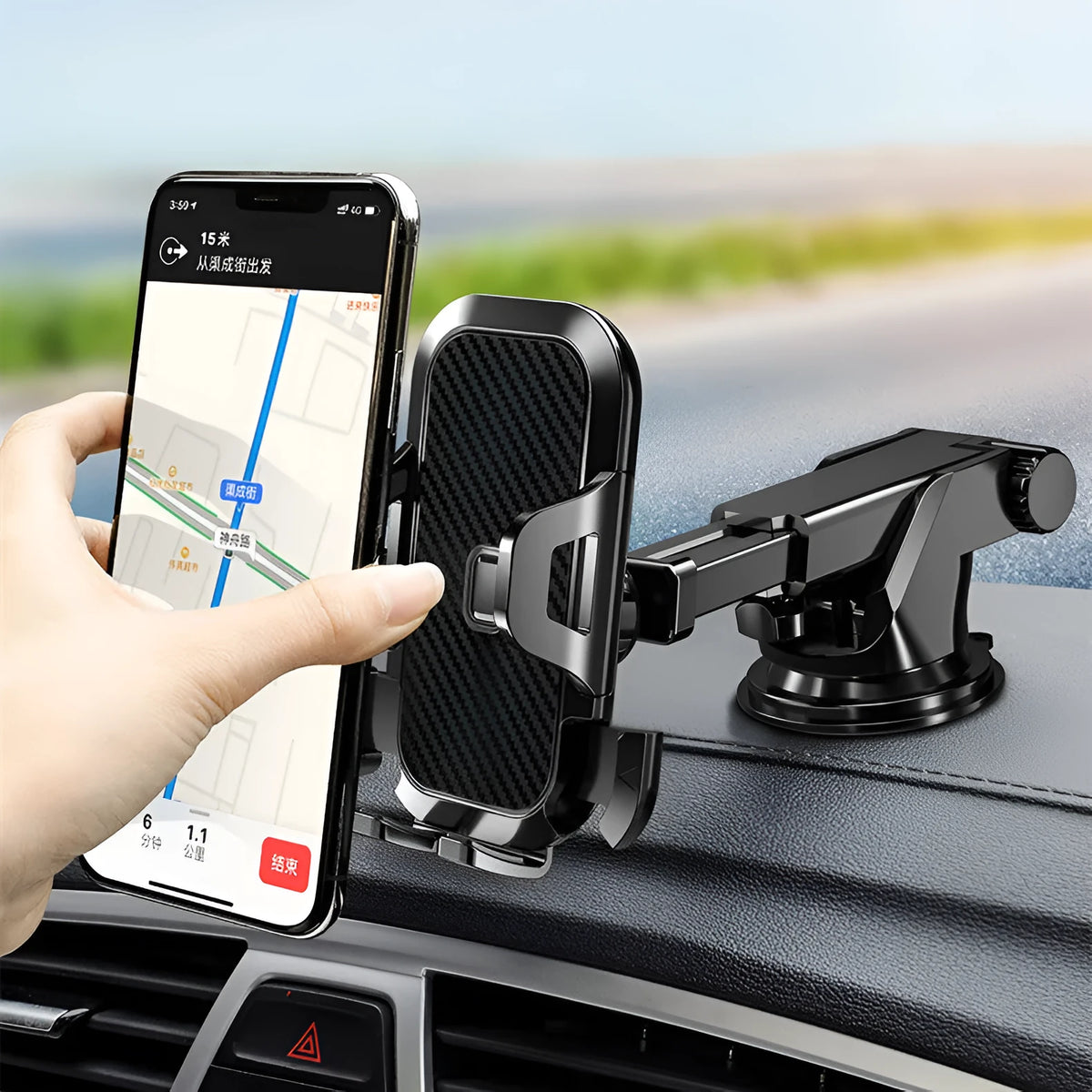 Carbon fibre car phone holder with telescopic arm and 360-degree rotation mounted on dashboard