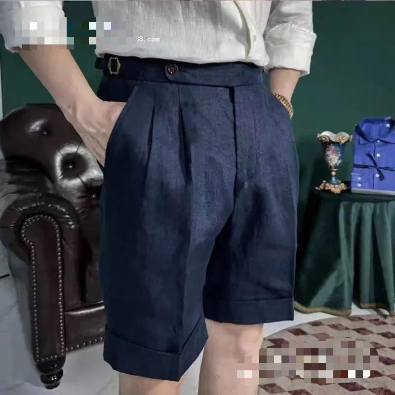 Men's linen five-point shorts in white or navy blue, cotton-linen blend, double waist, cuffed hem, sizes S to 4XL.