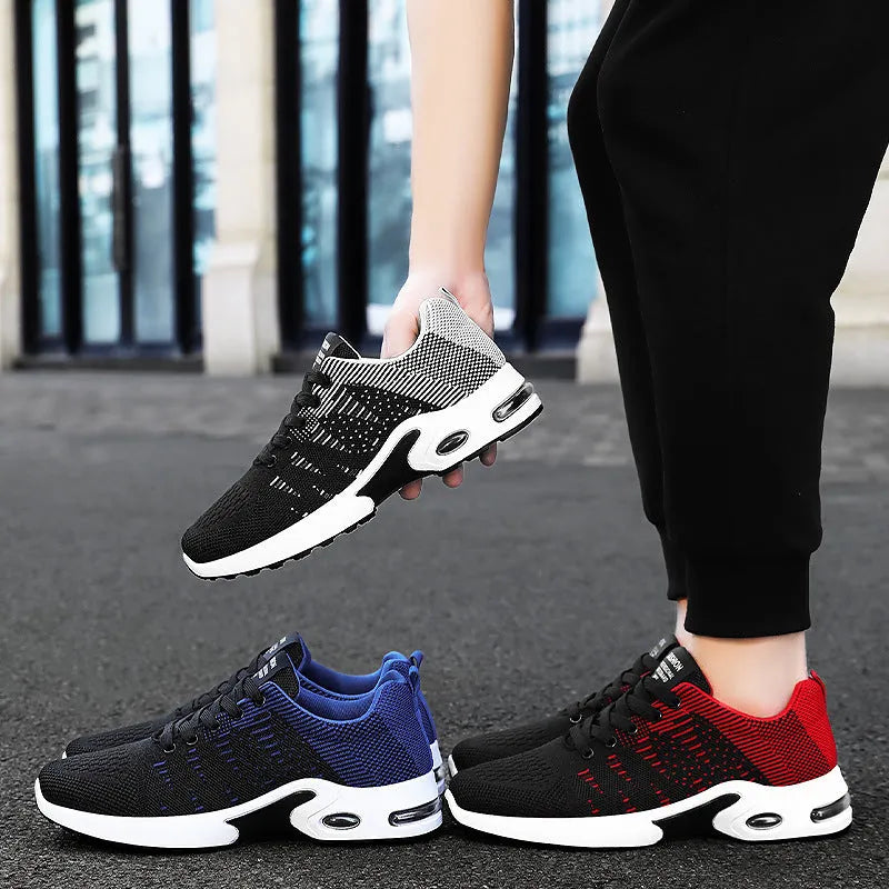 Men's low-top black and grey casual sneakers with breathable mesh upper and flat sole
