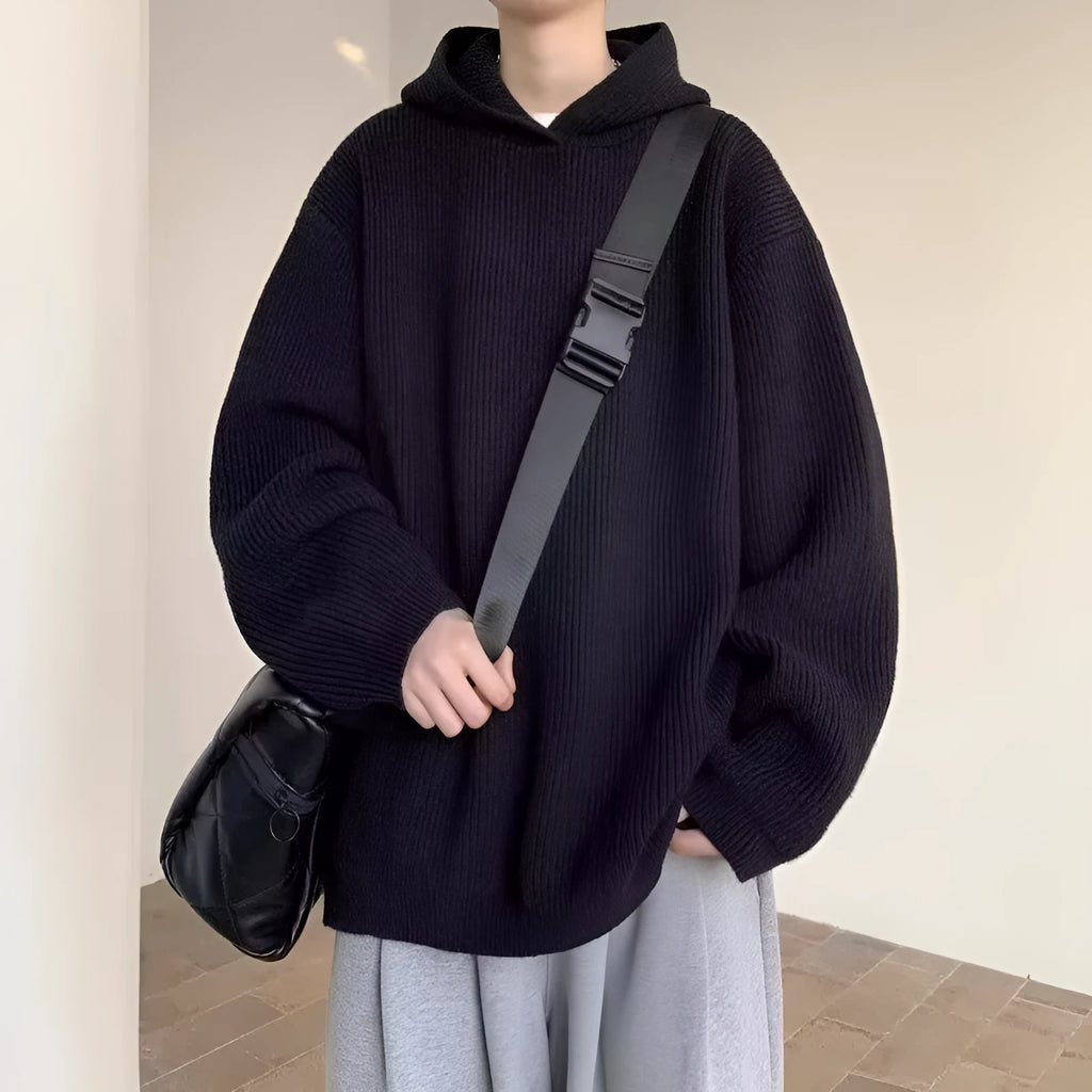 Men's loose fit hooded sweater in gray with long sleeves, shown as a front view pullover knitwear coat