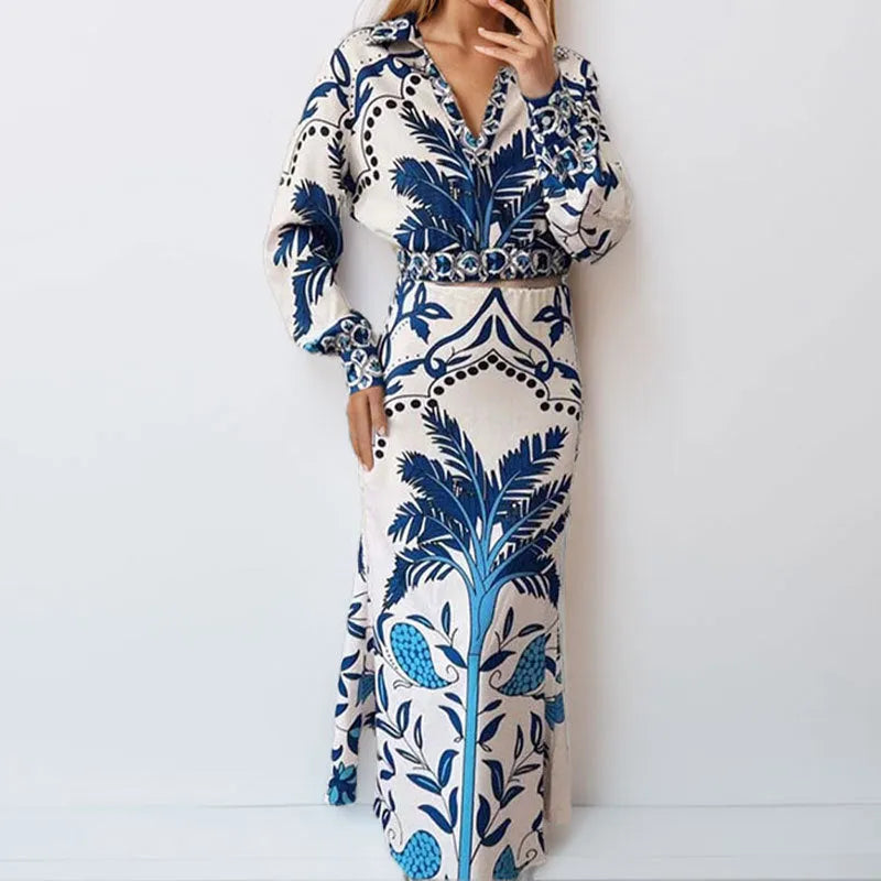 Women's long sleeve polyester top and long skirt co-ord set in picture colour.