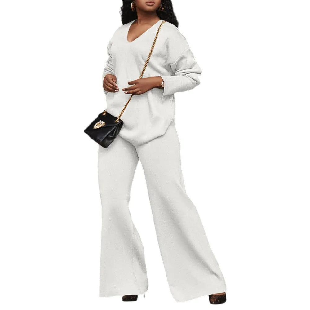 Women's brown suede velvet two-piece suit with split sleeve design and full-length trousers