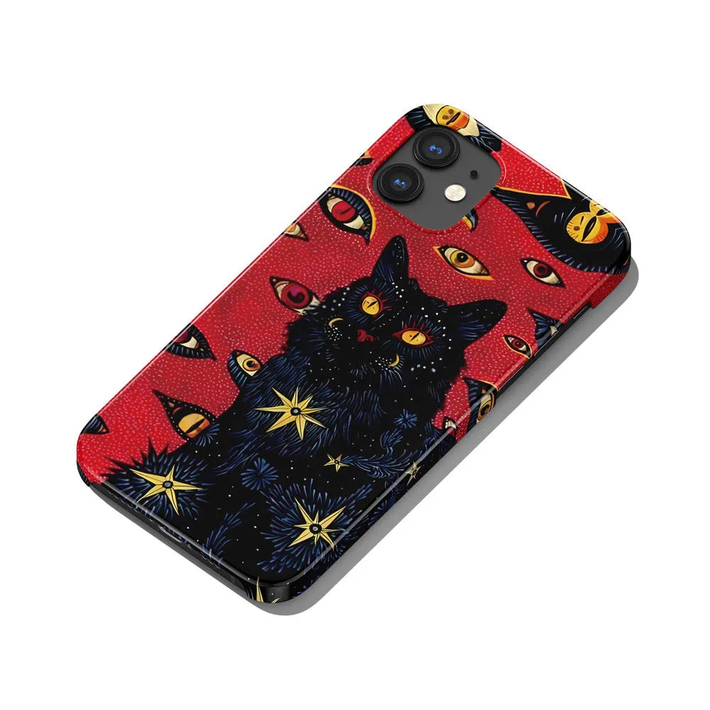 Retro cat eye design hard shell phone case for iPhone, shown in glossy and frosted finish options.