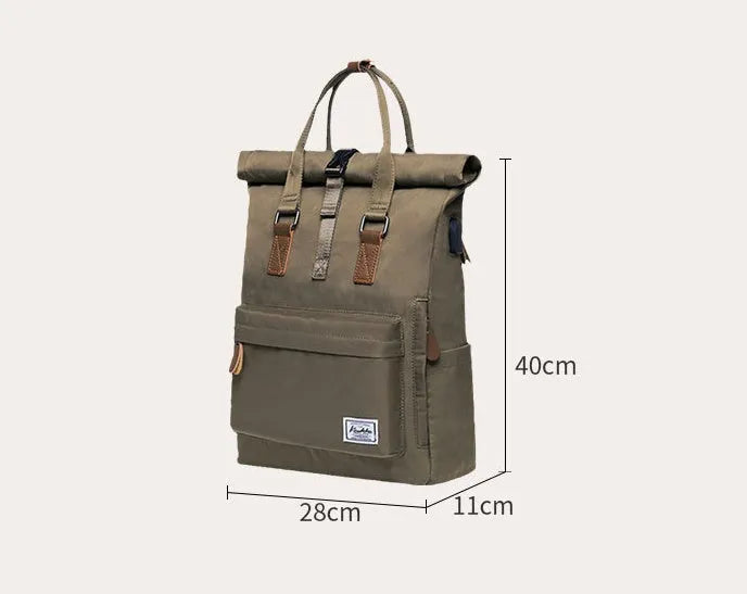 Casual polyester backpack with cover opening showing internal laptop compartment and zipper pocket