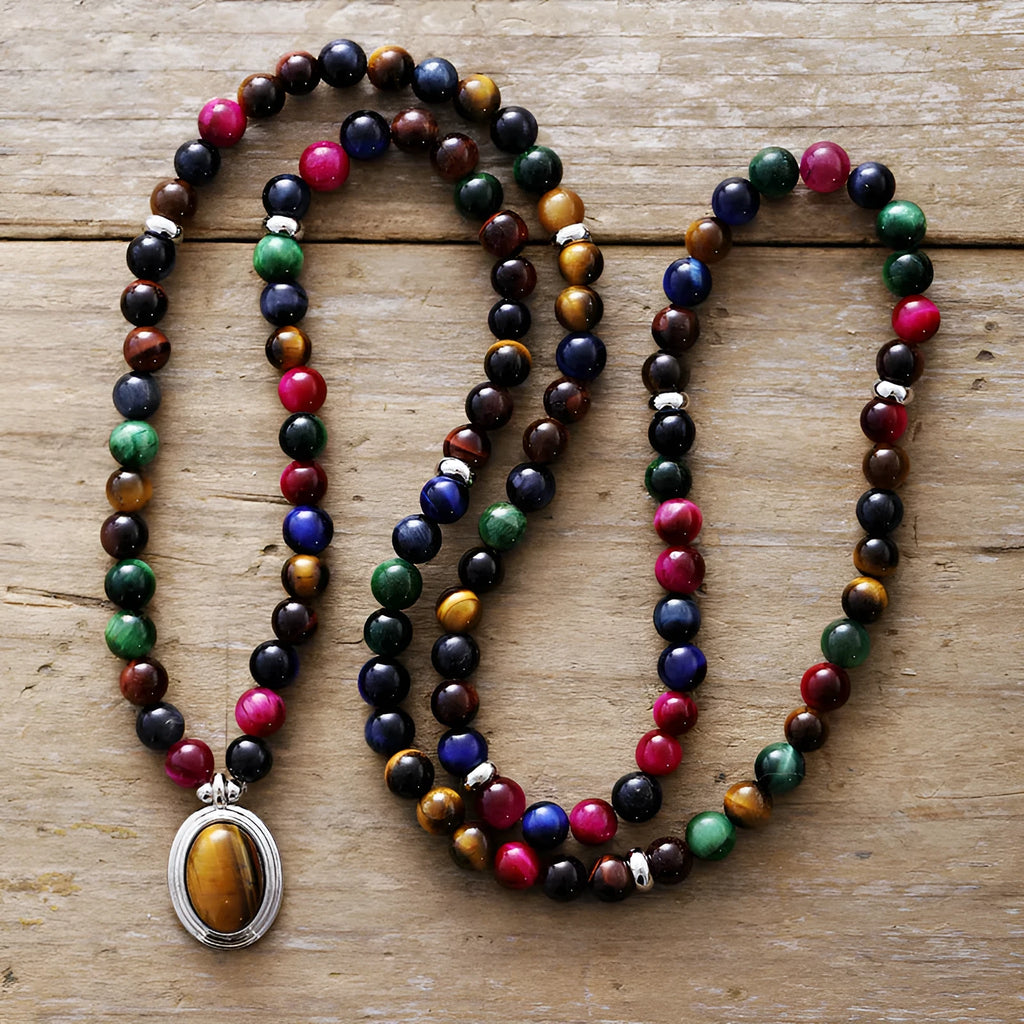 Natural stone meditation necklace bracelet with 108 pendants showing colour tiger-eye beads and mixed gem charms