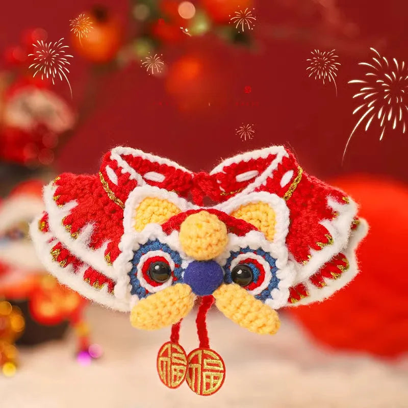 Red New Year pet scarf collar for cats and dogs in Lion Dance Blessing, Nian Beast, Peace and joy, and Red lion styles, sizes S and M.