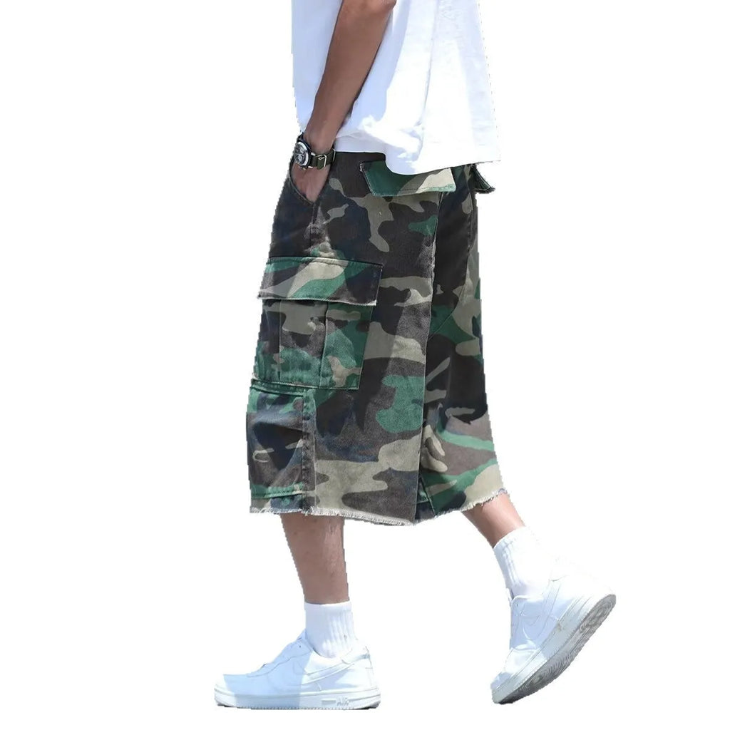 American retro workwear shorts in camouflage pattern with loose cropped fit
