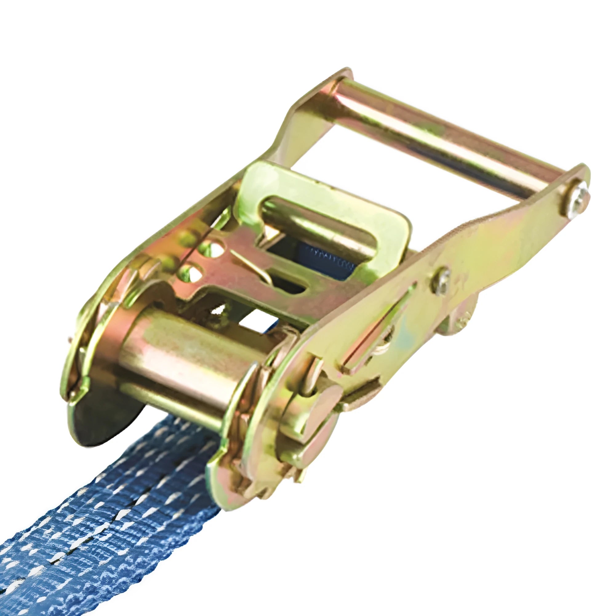Steel ratchet tensioner tool with a black polyester strap and double metal hooks for securing cargo.