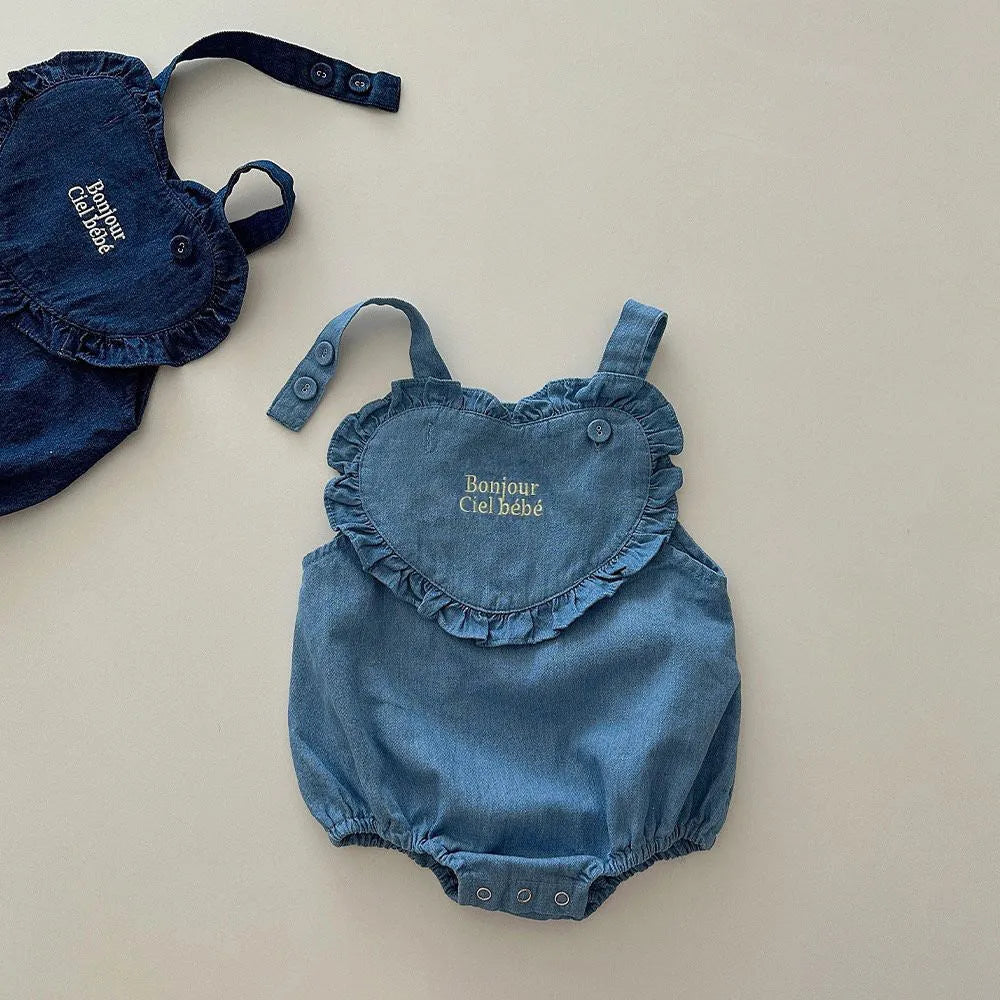 Newborn pure cotton embroidered denim romper in dark blue, sleeveless triangle jumpsuit on white background