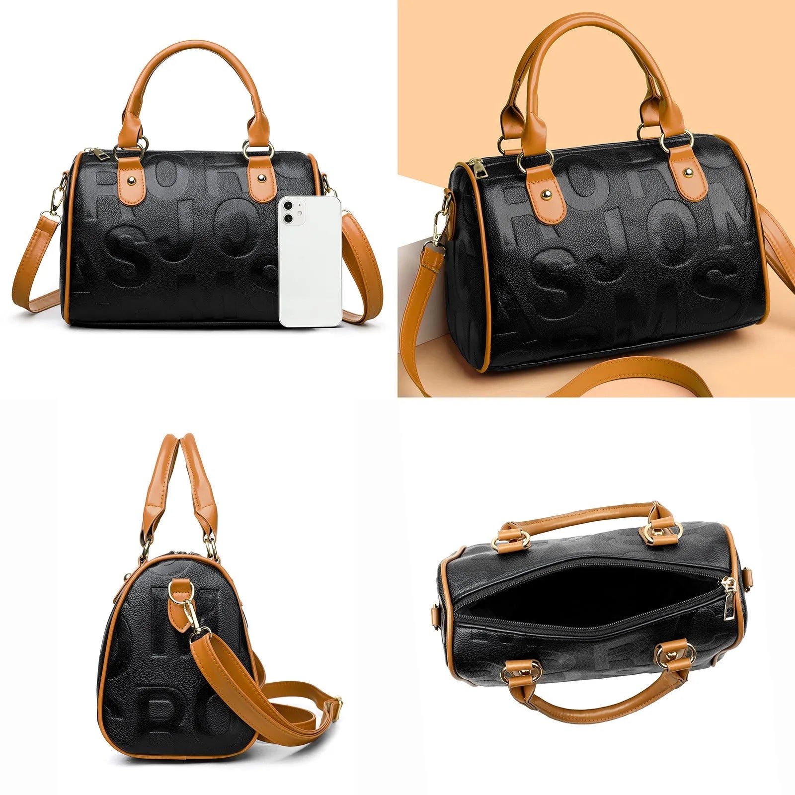 Brown cylindrical leather-effect crossbody bag with three shoulder straps on a table.