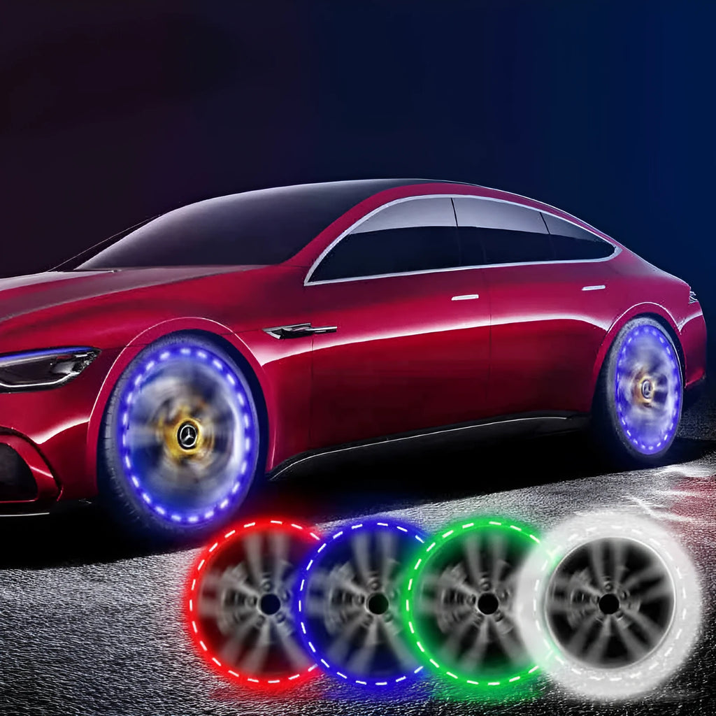Colourful solar-powered LED valve light for mounting on a car or motorcycle wheel hub.