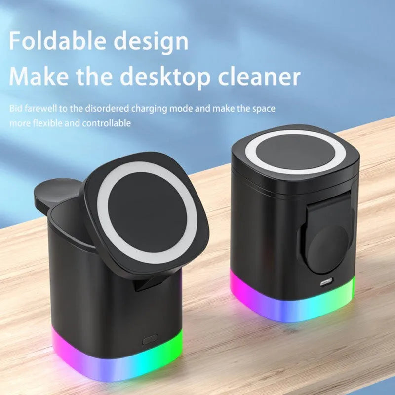 Black foldable 3 in 1 wireless charging station showing phone, watch, and earbuds charging simultaneously with RGB light