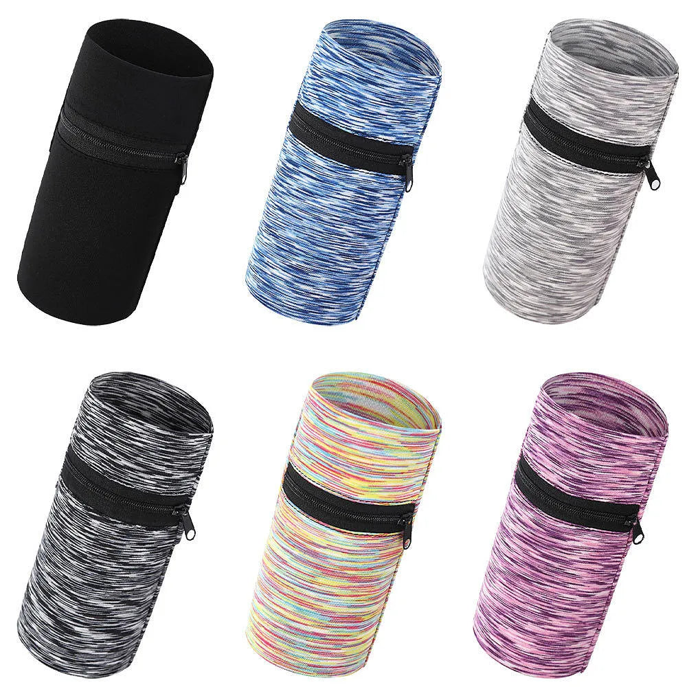 Large capacity polyester sports arm bag for mobile phones shown in multiple colour options including black, blue, and striped patterns.