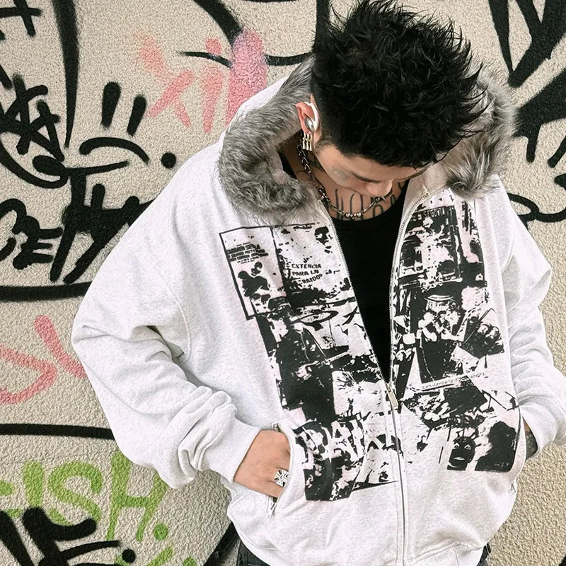 Men's printed long fur collar hood zipper cardigan sweater coat in black, white and grey, slim fit, sizes S to XXXL