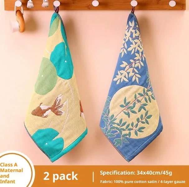 Set of pure cotton gauze children's hanging face towels with cartoon prints, 34cm x 40cm each