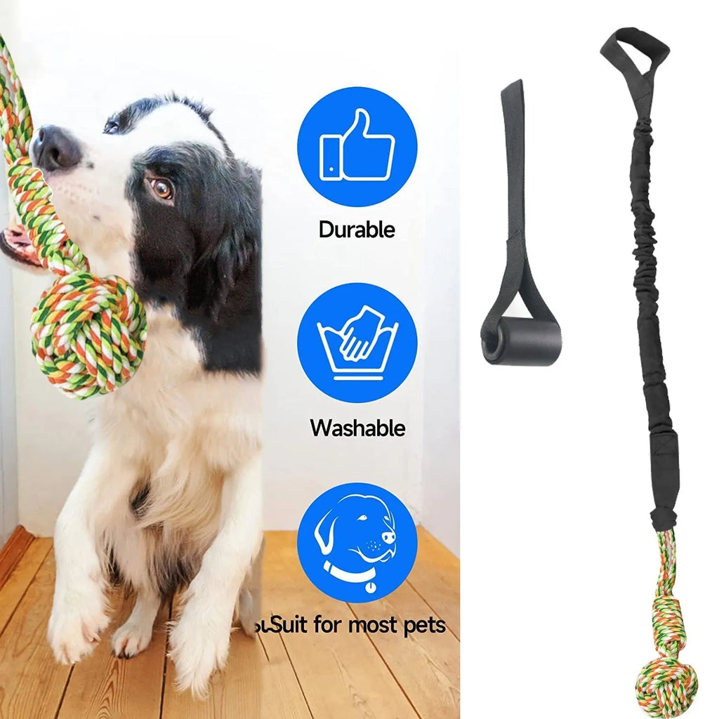 Cotton dog tug of war rope toy in black, grey, or red for chewing and interactive play.