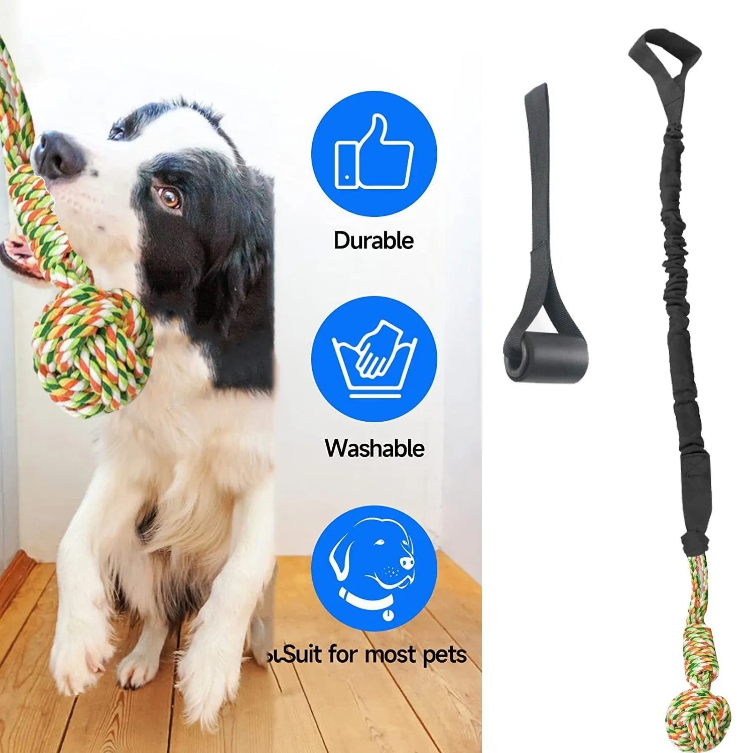Cotton dog tug of war rope toy in black, grey, or red for chewing and interactive play.