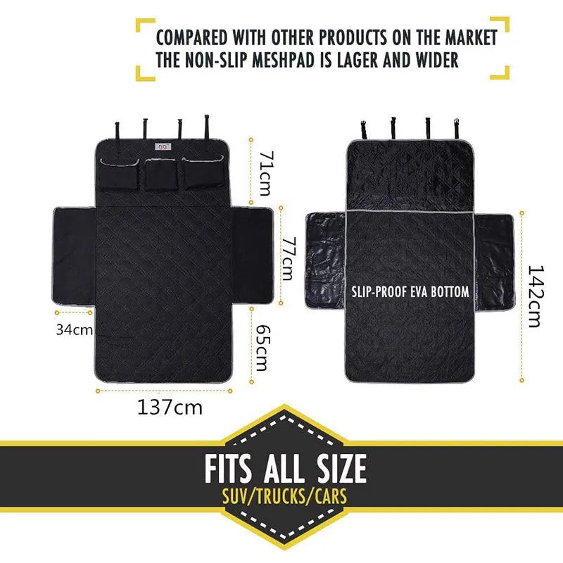 Black 600D Oxford cloth car trunk pet mat measuring 185x103cm with storage pockets for dog travel