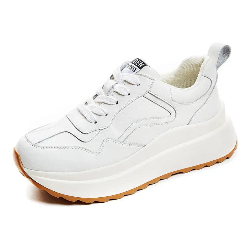 Women's beige cattlehide leather low-top casual sports shoes with cross strap and round toe.