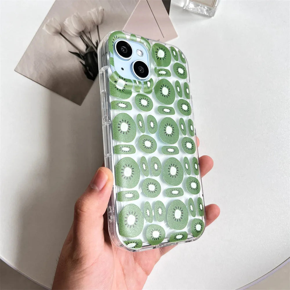 Transparent sliced kiwi fruit TPU phone case for iPhone showing green kiwi pattern on clear background