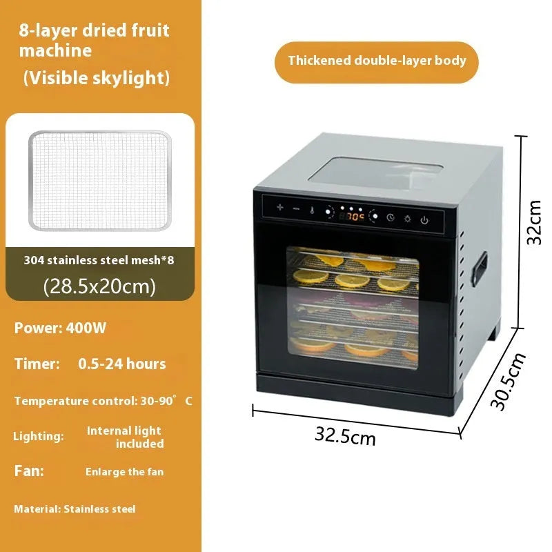 Stainless steel fruit dehydrator appliance with a visual skylight lid and multiple drying trays