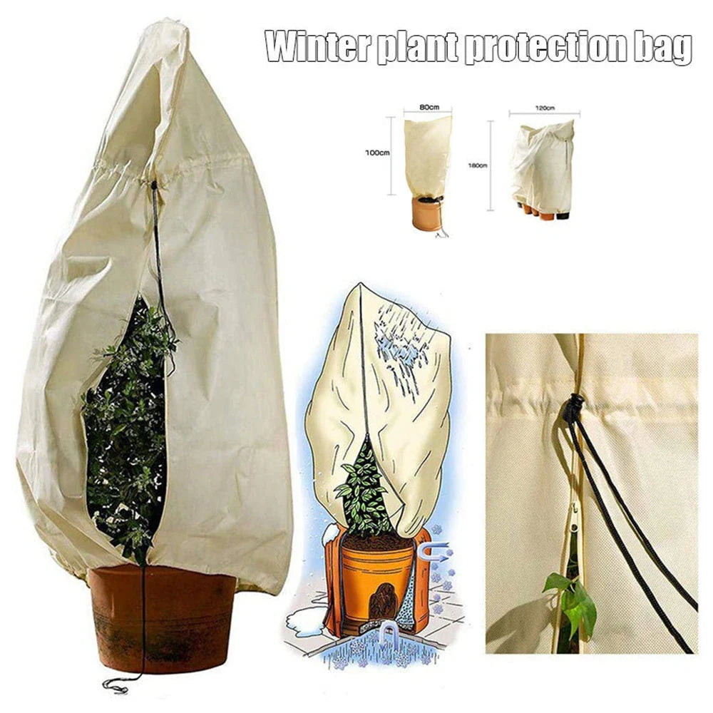 Adjustable, breathable plant cover in beige fabric to protect outdoor plants from winter frost and harsh weather