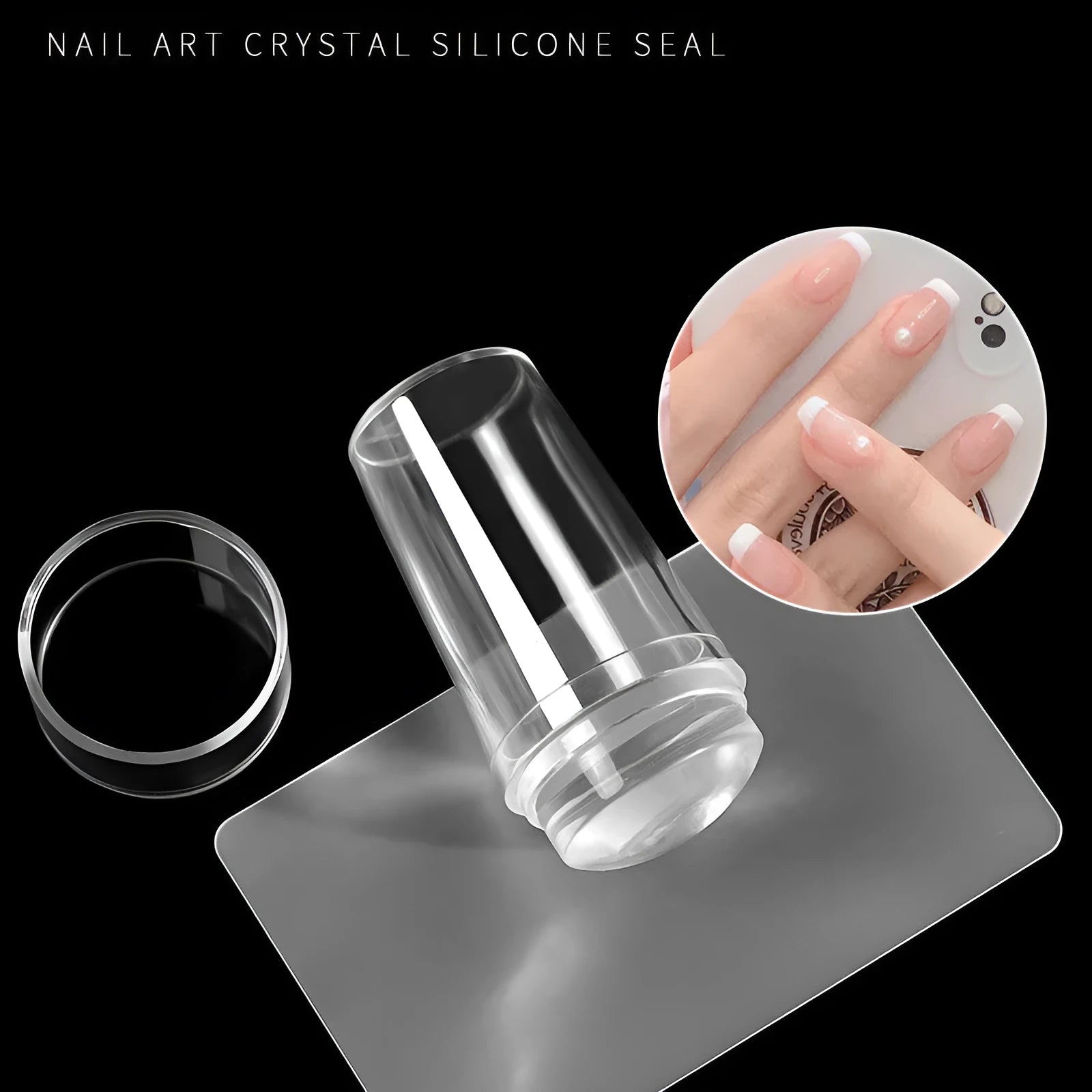 2.8cm transparent silicone nail stamp and scraper set with covered French nail seal on white background