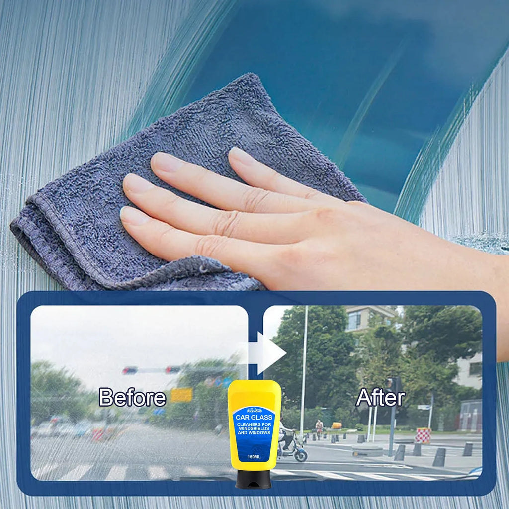 Windshield automotive detergent defogging kit showing 150ml spray bottle, sponge, and cleaning cloth