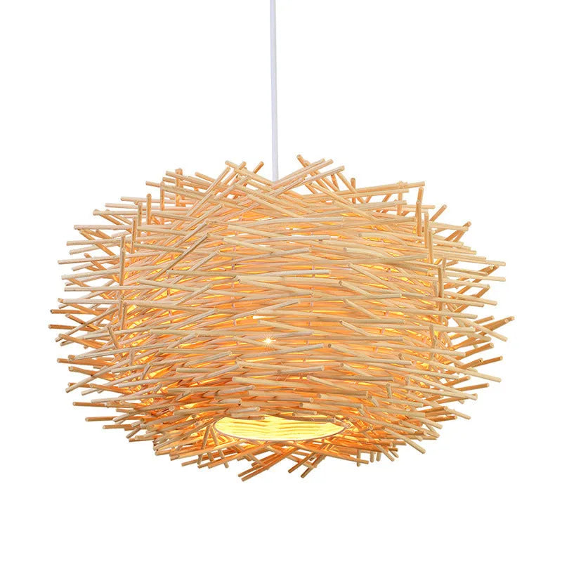Bamboo woven bird cage chandelier, 30cm diameter, coffee colour, hanging from ceiling in a pastoral room