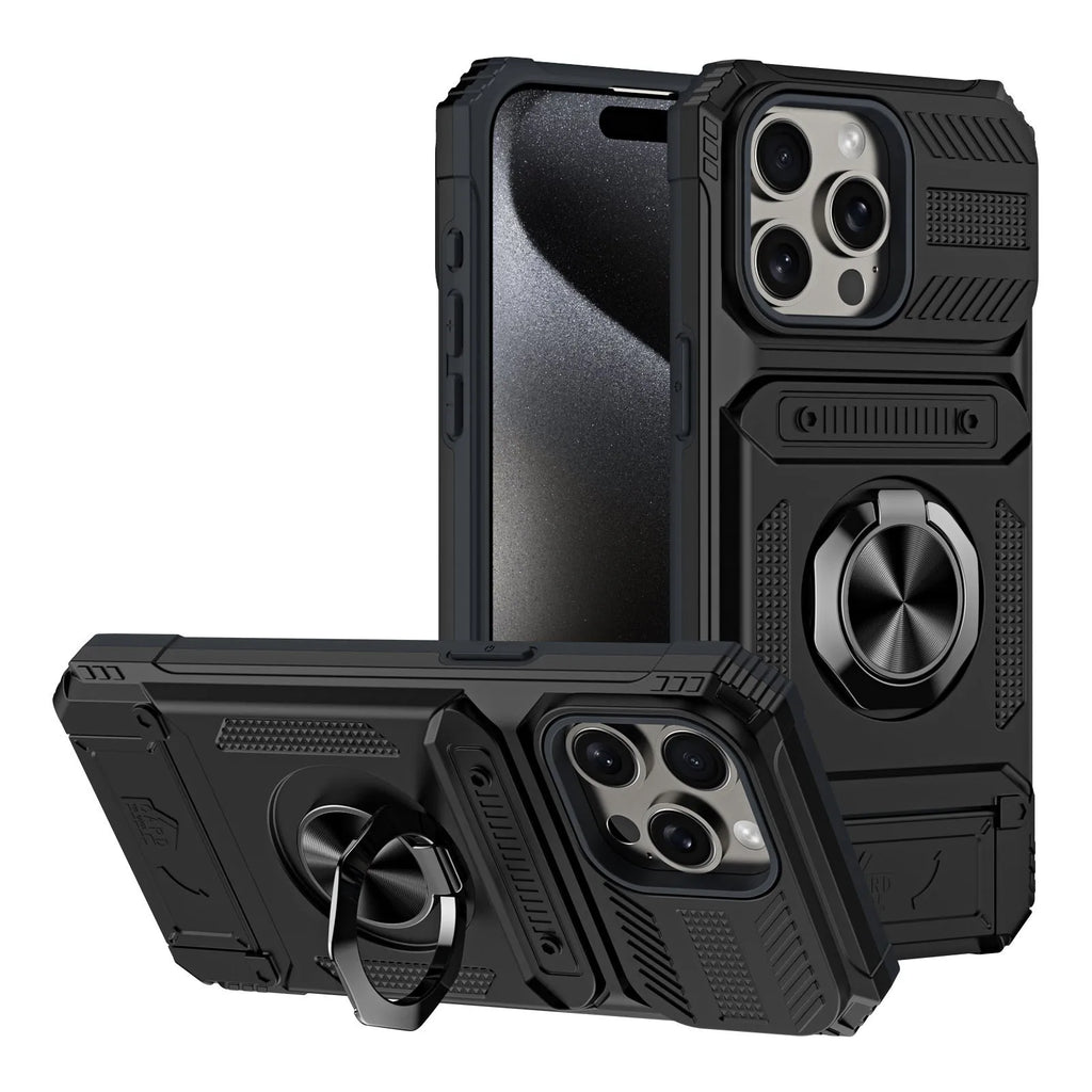 Drop-resistant phone case with hidden card slot and built-in bracket in black for iPhone