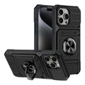 Drop-resistant phone case with hidden card slot and built-in bracket in black for iPhone