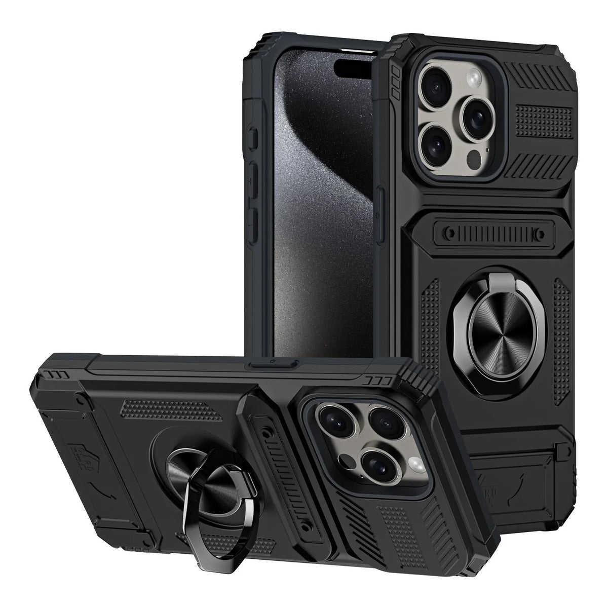 Drop-resistant phone case with hidden card slot and built-in bracket in black for iPhone