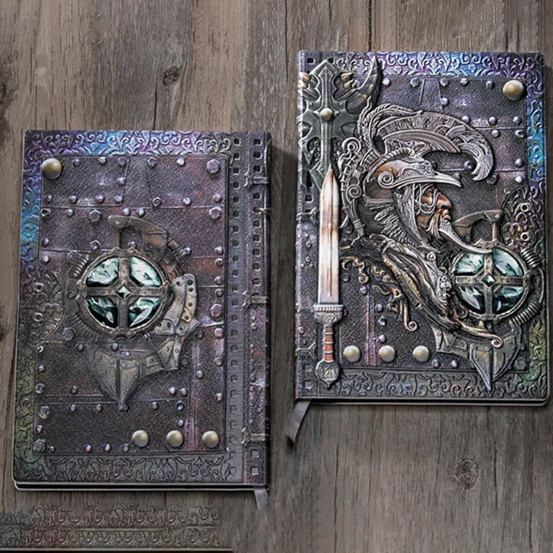 A5 leather notebook with embossed 3D warriors relief design on the cover, shown in bronze colour.