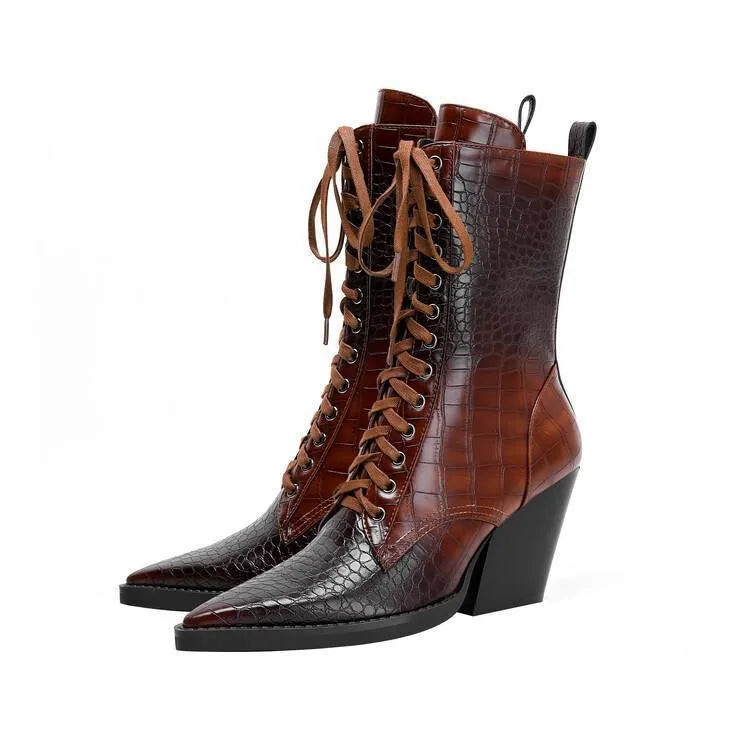 Dark brown retro pointed toe boots with a chunky heel and lace detail, side zipper visible.