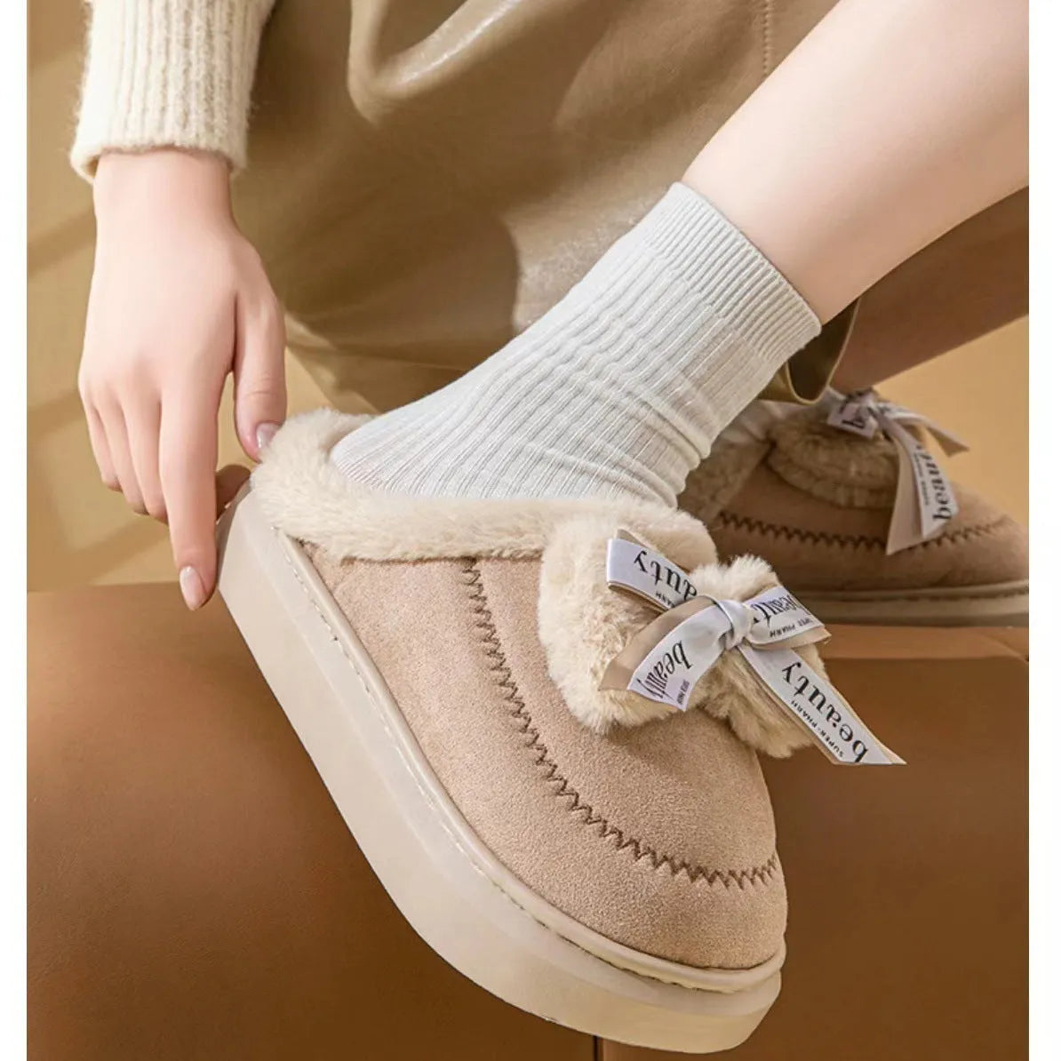 Women's ribbon bow half slippers in khaki with thick EVA sole and artificial wool lining