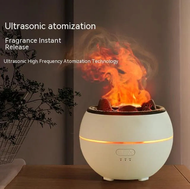 White round desk aromatherapy humidifier and essential oil diffuser with water tank on a wooden table.