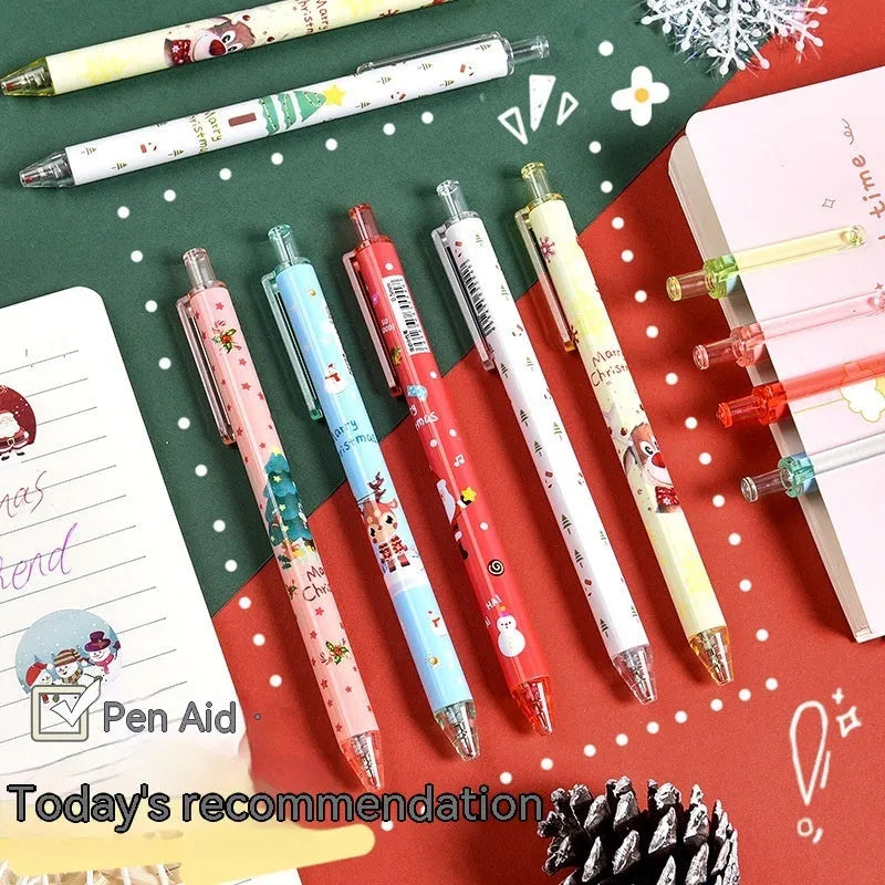 Six colourful cartoon press gel pens with black ink in plastic shells as Christmas gift set