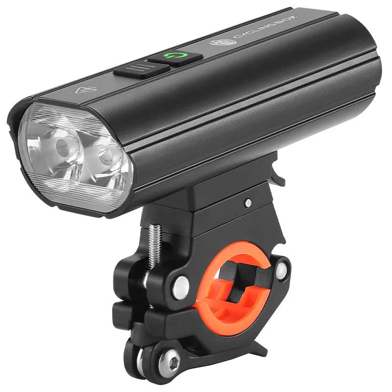 Black rechargeable bicycle light with aluminium alloy body, 1800 lumens, Type-C charging, and POM bracket.