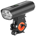 Black rechargeable bicycle light with aluminium alloy body, 1800 lumens, Type-C charging, and POM bracket.