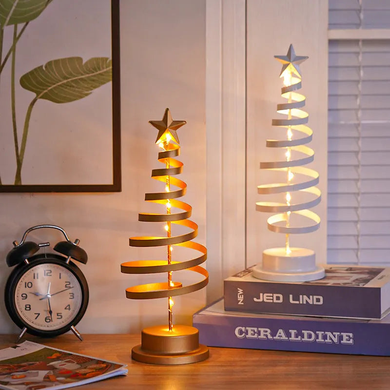 Metal spiral Christmas tree table lamp with warm white LED lights, 33cm tall.