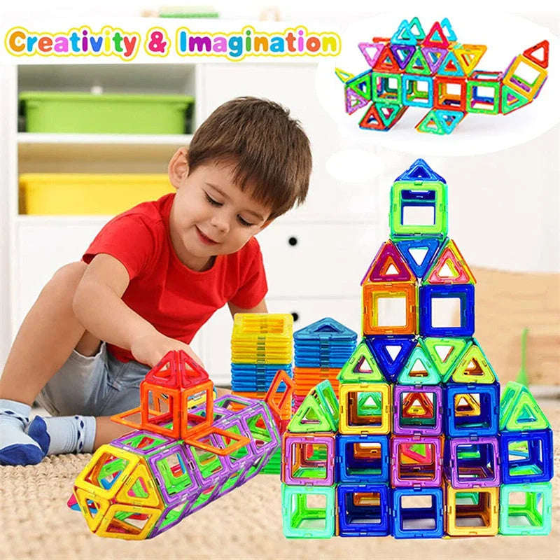 Magnetic building blocks in various sizes and colors, perfect for creative play and STEM learning