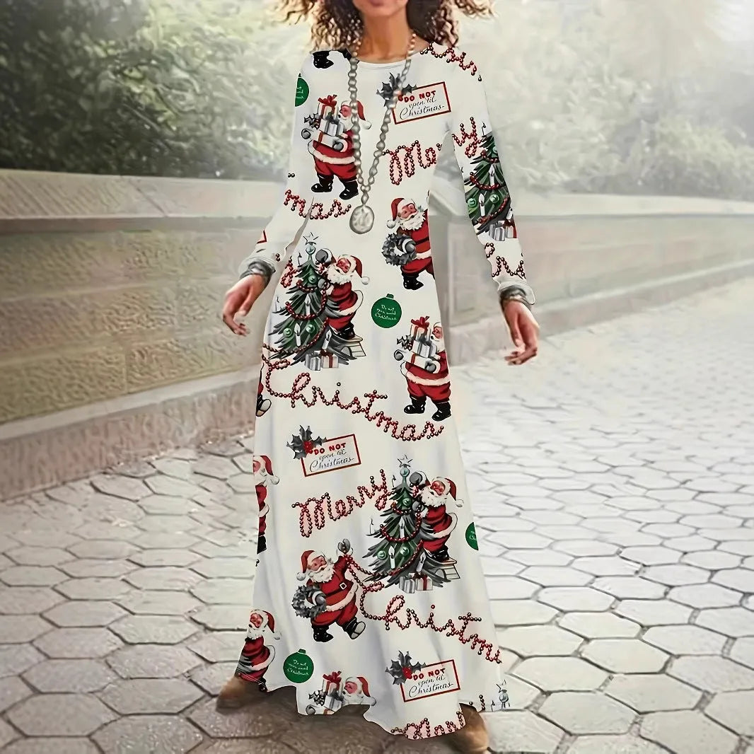 Santa Claus printed round neck long sleeve polyester dress in beige with mid waist and long skirt