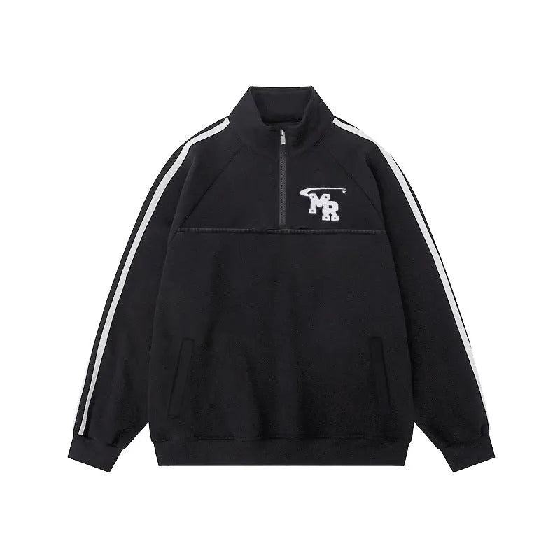 Black stand collar hoodie coat in American retro style with long sleeves and Hong Kong fashion details