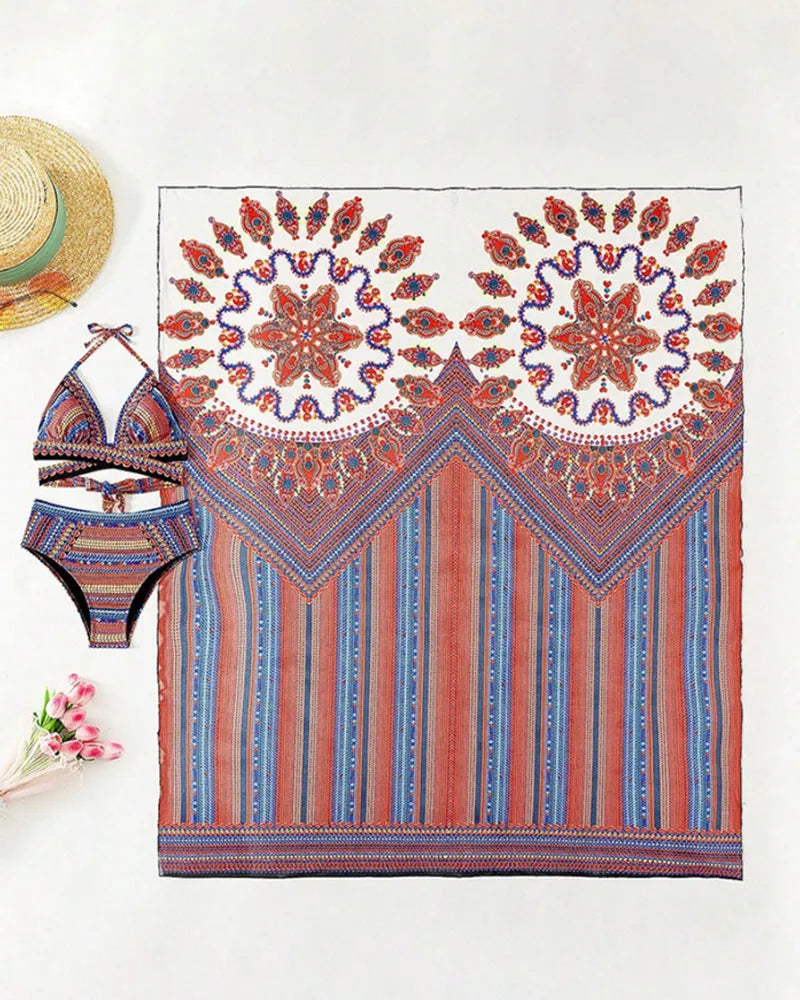 Women's three-piece swimsuit set in pictured colour, showing cutout sleeveless top, high-waist briefs, and a cover-up coat.