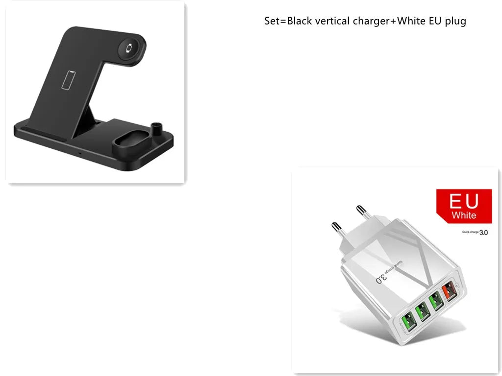 Black 4-in-1 wireless charging station with phone on adjustable stand, charging Apple Watch, AirPods, and Apple Pencil.